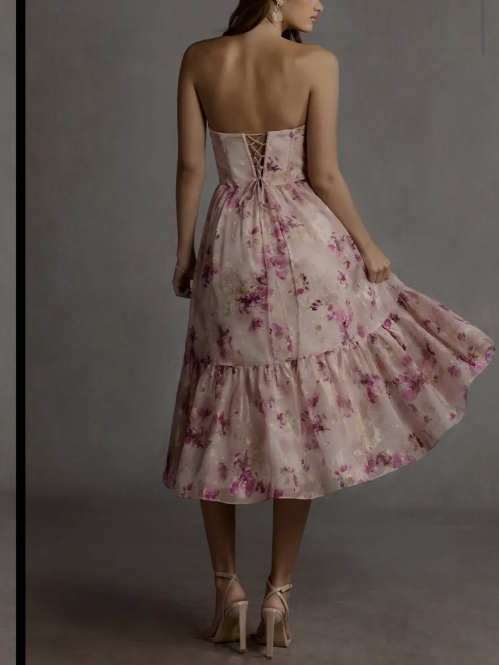 Azazie Strapless Floral Midi Dress in Blush and Mauve